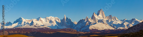 Panoramic view on the Fitzroy mountain range with the peaks of Cerro Fitzroy, Cerro Torre and Cerro Grande