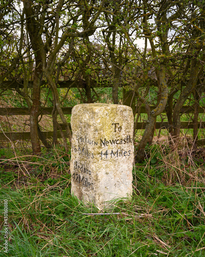 Ancient Milestone on A696 near Belsay, where there are several ancient marker posts on the rural A696 road in Northumberland photo