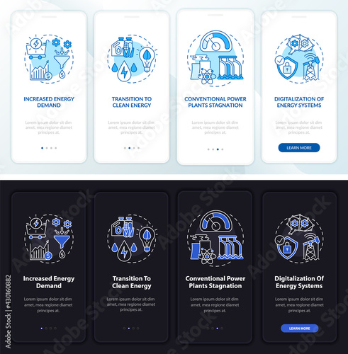 Energetics tendency onboarding mobile app page screen with concepts. Raised demand walkthrough 4 steps graphic instructions. UI, UX, GUI vector template with linear night and day mode illustrations