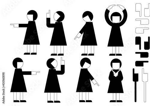 レトロタッチな人物と手のシルエットで方向・指示・マル・バツなどをイメージしたイラスト系の矢印のアイコン風素材セット（モノクロ・女の子）