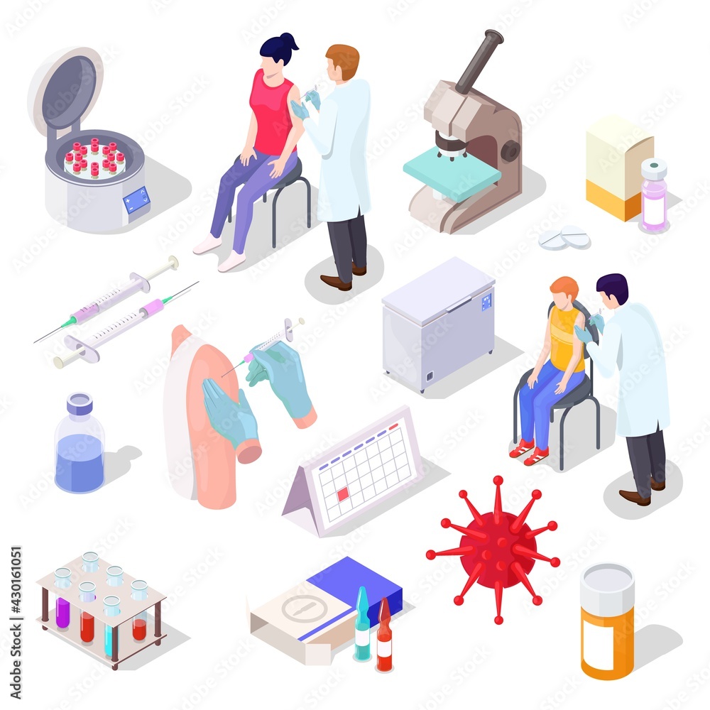 Vaccine reserch isometric icons set. Covid vaccination icons representing stages of vaccine development with laboratory equipment and vaccination proccess, vector illustration Vaccine reserch isometric icons set. Covid vaccination icons representing stages of vaccine development with laboratory equipment and vaccination proccess, vector illustration