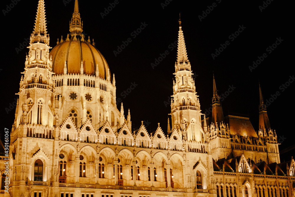 Panoramic view of the Parliament building in beautiful night lighting in Budapest. Close view