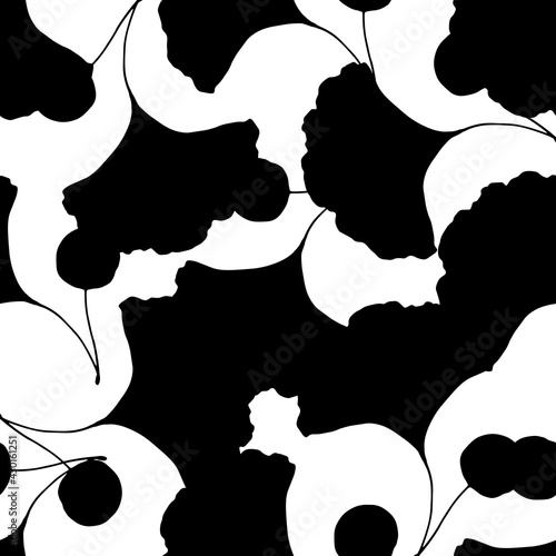 seamless pattern of a ginkgo leaf with a berry black silhouette overlapping each other on a white background. vintage black and white floral pattern for label design template, packaging