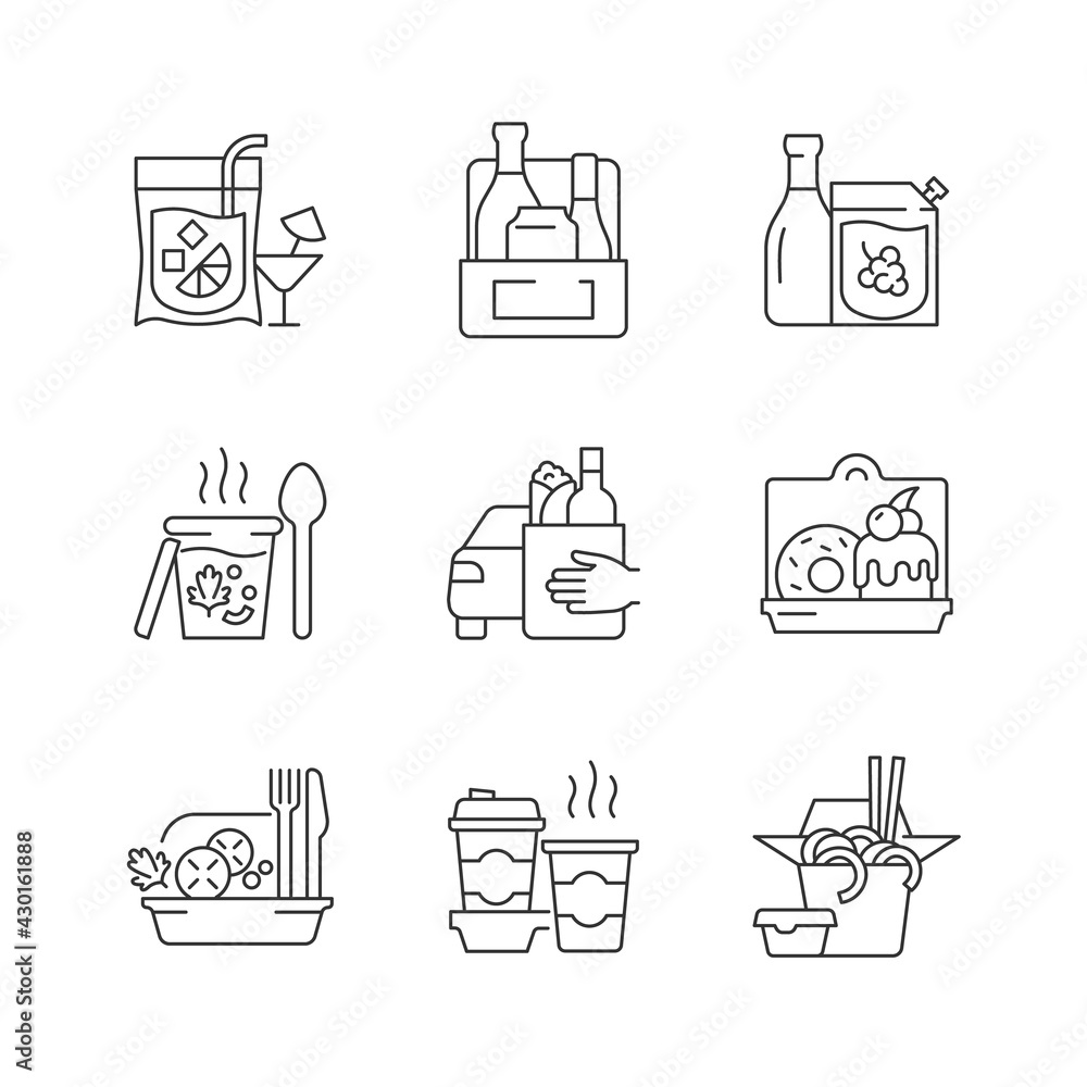 Fototapeta premium Pickup and delivery option linear icons set. Slushy drinks. Wine, beer, spirits. Thick, creamy soups. Customizable thin line contour symbols. Isolated vector outline illustrations. Editable stroke