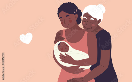Portrait of family with two African women, mother or mom and grandmother or granny, embracing a newborn baby. Vector illustration women's rights, gender equality, mother's day, three generations.