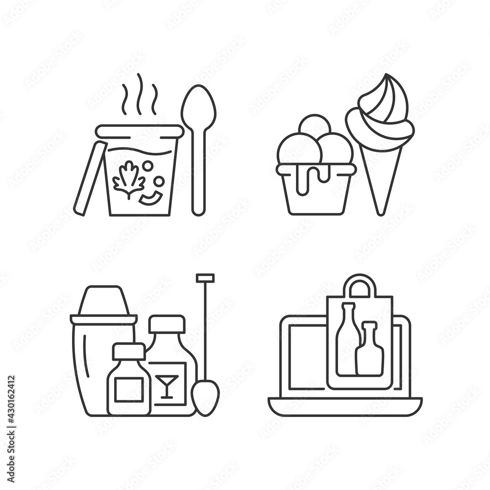 Takeaway and delivery option linear icons set. Soups. Ice cream. Cocktail kits. Purchasing alcohol. Customizable thin line contour symbols. Isolated vector outline illustrations. Editable stroke Takeaway and delivery option linear icons set. Soups. Ice cream. Cocktail kits. Purchasing alcohol. Customizable thin line contour symbols. Isolated vector outline illustrations. Editable stroke