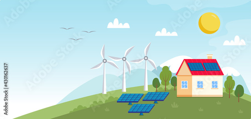 Concept illustration for ecology, green power, wind energy. Green energy - landscape with wind power station, solar panels, small house. Ecology illustration in flat style
