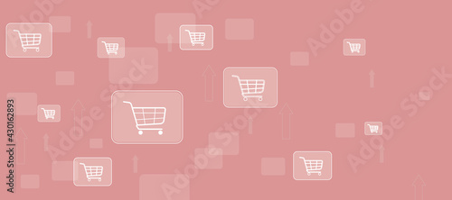 Multiple shopping cards icons on a light pink background with blank space on the right, internet shop and purchase concept, 3d rendering, mock up