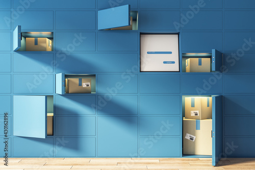 Foto Automated self-service blue terminal for goods storage ordered from online store