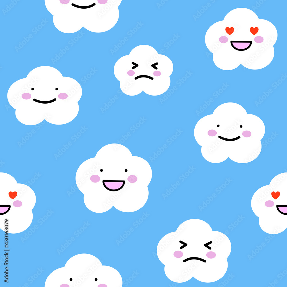 Kawaii Cloud Emoji Facial Expression Pattern on Blue Wallpaper Background Kawaii Cloud Emoji Facial Expression Pattern on Blue Wallpaper Background