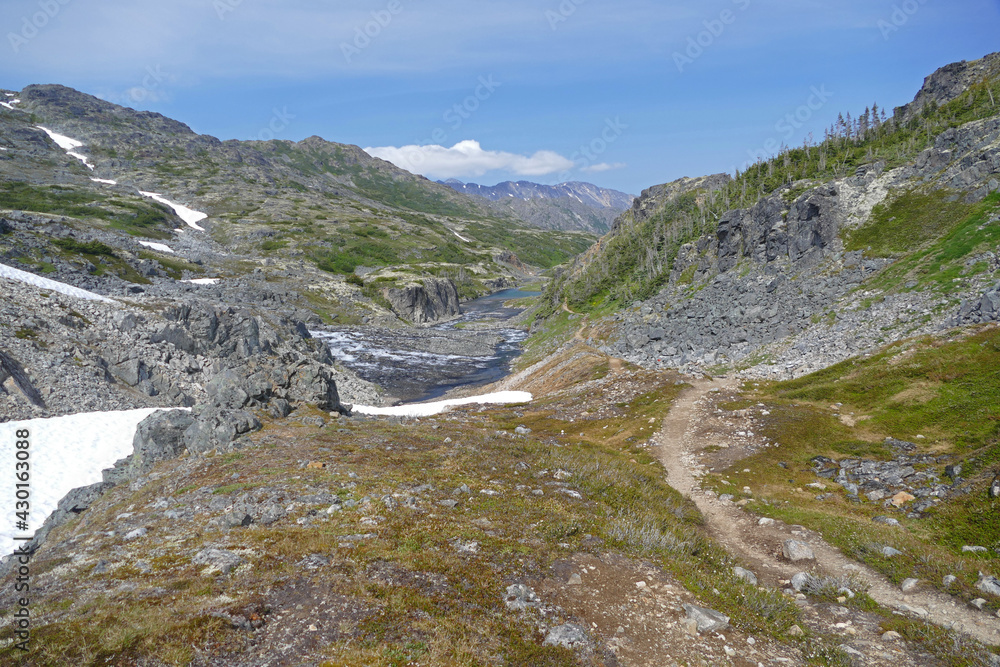 Famous Chilkoot Trail, beautiful alpine zone landscape, historic gold rush stampeders hiking route between Alaska and British Columbia, Canada
