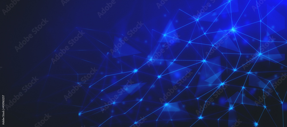 Bright blue backdrop with bright lines connected in triangles. 3D rendering, mock up