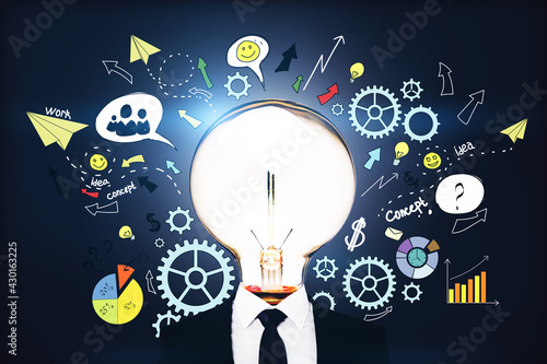 Brainstorming and idea concept with glowing light bulb instead of head on businessman body and handwritten colorful sketch of business process on background