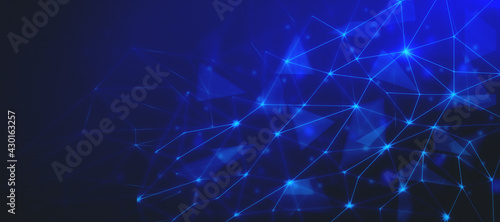Bright blue backdrop with bright lines connected in triangles. 3D rendering, mock up