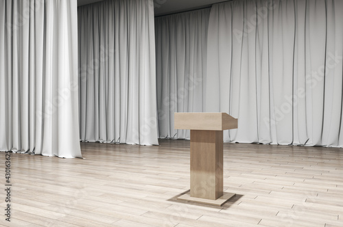 Empty bright stage with a wooden postament and white curtains, wooden floor. Interior design and speech concept, 3d rendering