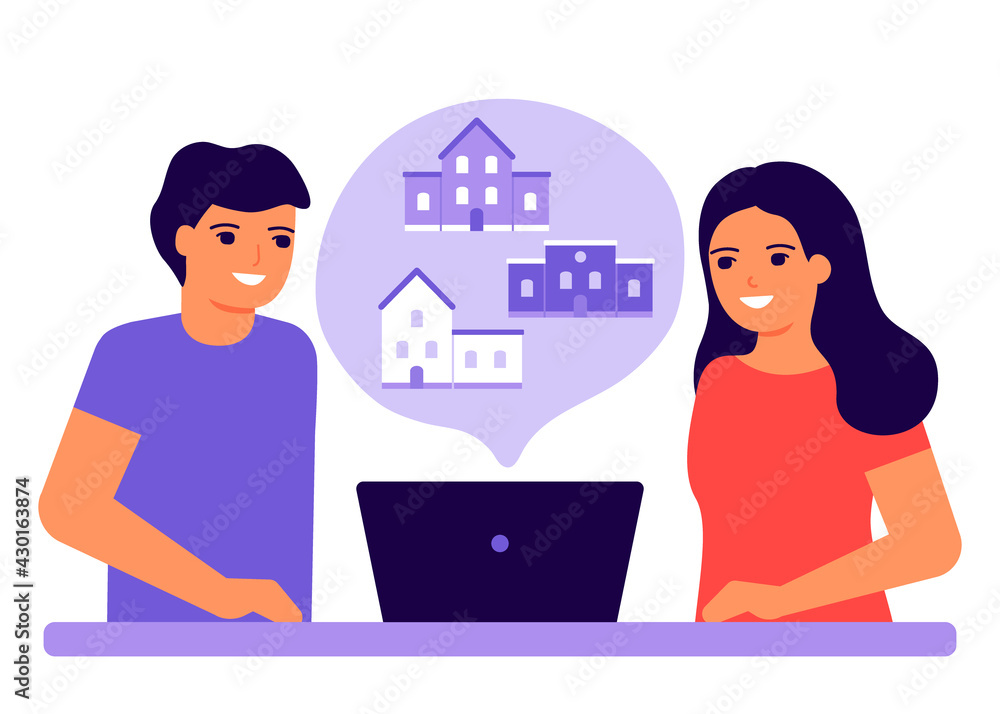 Young couple using laptop, choise and dreaming of house. Family choice of home. Take out house building on credit and mortgage. Vector illustration in flat style Young couple using laptop, choise and dreaming of house. Family choice of home. Take out house building on credit and mortgage. Vector illustration in flat style