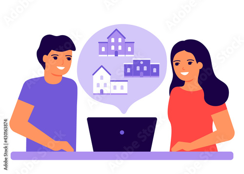 Young couple using laptop, choise and dreaming of house. Family choice of home. Take out house building on credit and mortgage. Vector illustration in flat style