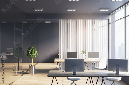 Monochrome style office hall with white wooden slatted partition between workspaces, dark ceiling and wall and big window with city view photo