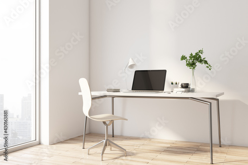 Sunny stylish work place in home office area with light wooden chair and table and city view from big window