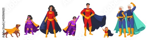 Family of superheroes, cartoon character set, flat vector illustration. Grandparents parents kids in super hero costumes
