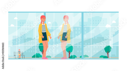 Happy smiling girl look at reflection in storefront with positive self acceptance