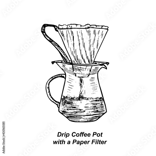 Drip Coffee Pot with a Paper Filter, gravure style ink drawing illustration with handwritten inscription