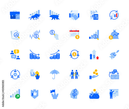 Money trading and investment icons set for personal and business use. Vector illustration icons for graphic and web design, app development, marketing material and business presentation.