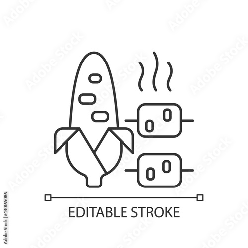 Boiled and grilled corn linear icon. Summery side dish. Barbecue, popcorn. Nutritious meal. Thin line customizable illustration. Contour symbol. Vector isolated outline drawing. Editable stroke
