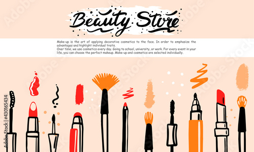 A hand-drawn template with elements of makeup cosmetics, mascara, lipstick, and a skin brush. Doodle sketch style. Illustration for makeup, beauty salon, cosmetics store banner, frame, poster design.
