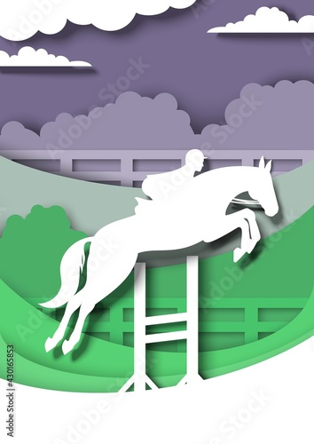 Show jumping competition. Horseback rider, jumping horse silhouettes, vector paper cut illustration. Equestrian sport.