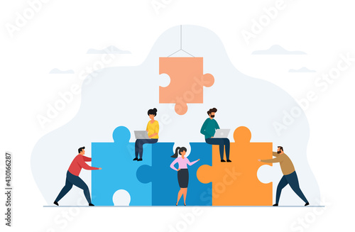 Vector illustration of Teamwork concept. Team people working together with giant puzzle elements.