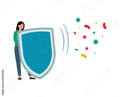 Woman holding health protection shield to defend from disease