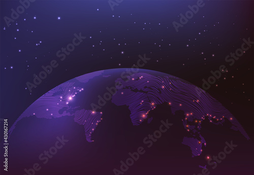 View earth from space drawing vector illustration. Night blue futuristic background with planet Earth and night lights. 