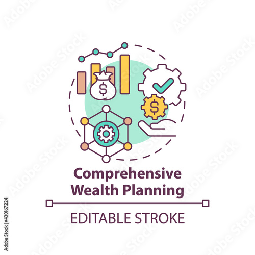 Comprehensive wealth planning concept icon. Wealth management idea thin line illustration. Cash-flow reports generation. Income and expenses. Vector isolated outline RGB color drawing. Editable stroke