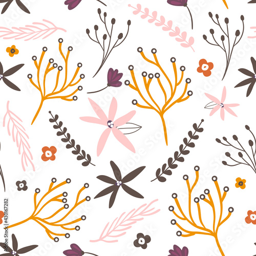 Floral seamless pattern with flowers, branches. Delicate floristic background.Stylish vector texture great for fabric, textile, wrapping, apprel