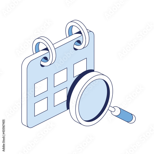 Calendar magnifier search. Vector 3d line isometric, web icons, blue color. Creative design idea for infographics.