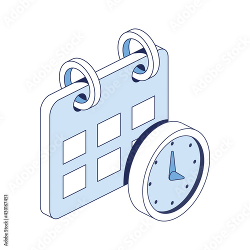 Calendar time clock. Vector 3d line isometric, web icons, blue color. Creative design idea for infographics.