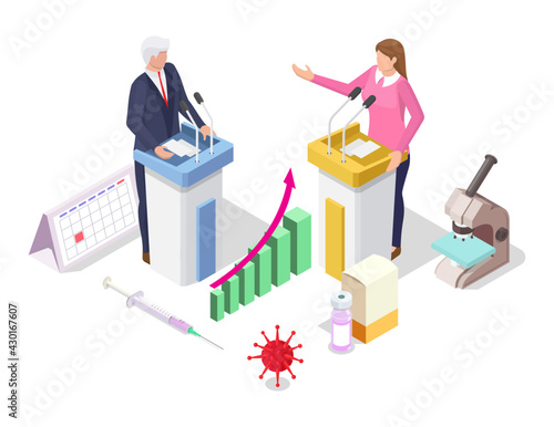 Coronavirus Covid-19 global vaccination political debates, flat vector isometric illustration. Vaccine politics.