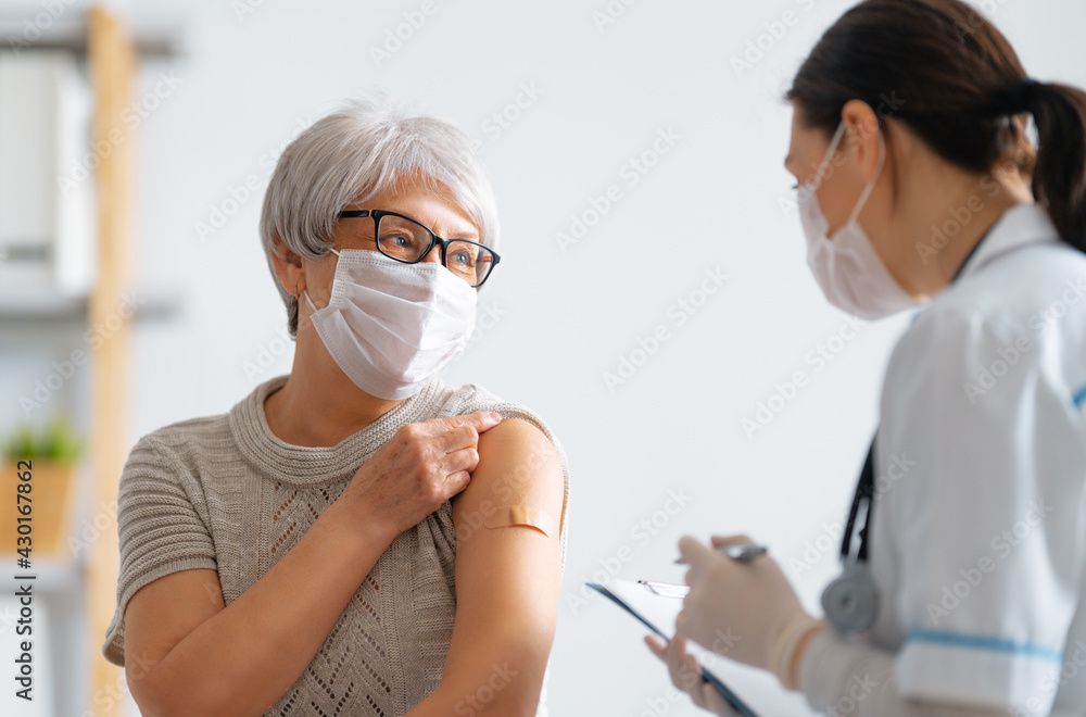 Senior woman after vaccination. Senior woman after vaccination.