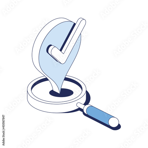Magnifier search, pin map label, check mark. Vector 3d line isometric, web icons, blue color. Creative design idea for infographics.