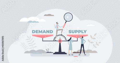 Demand supply scale balance for market sale management tiny person concept. Strategy planning analysis for efficient and competitive business vector illustration. Needs and offer forecast comparison. photo
