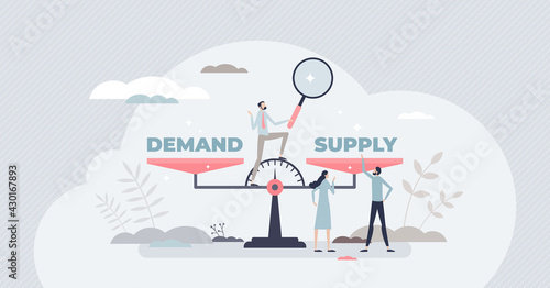 Demand supply scale balance for market sale management tiny person concept. Strategy planning analysis for efficient and competitive business vector illustration. Needs and offer forecast comparison.
