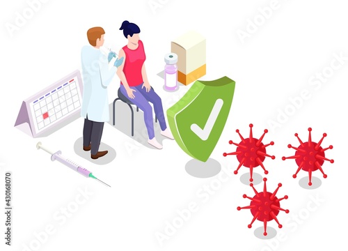 Covid coronavirus vaccination concept vector illustration isometric style. Covid-19 vaccine. Doctor makes an injection of flu vaccine to woman in hospital. People immunity and virus protection