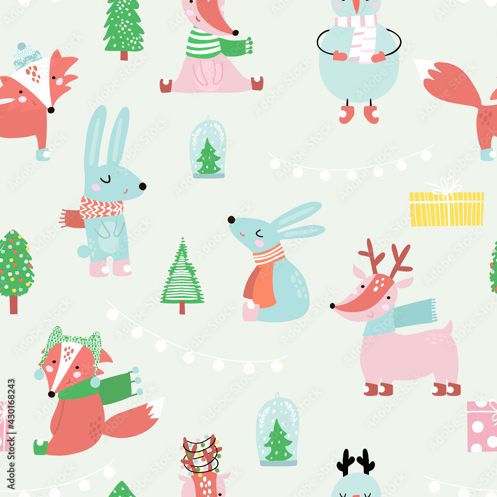 Seamless festive pattern with cute cartoon animals, rabbits, deers, snowman, foxes. Vector holiday background