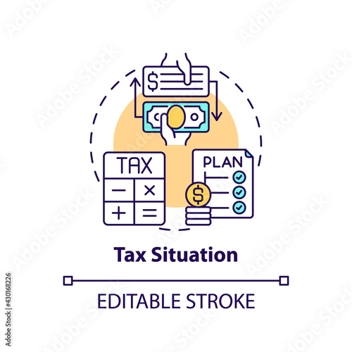 Tax situation concept icon. Wealth planning element idea thin line illustration. Maintaining tax records. Taxable income estimation. Vector isolated outline RGB color drawing. Editable stroke