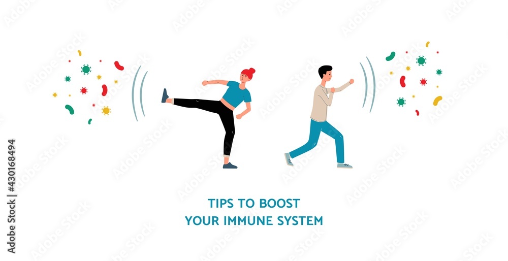 Tips to boost immune system with cartoon people vector illustration isolated.