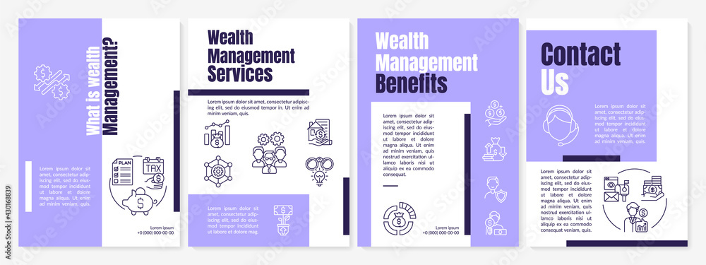 What is wealth management brochure template. Wealth advisor. Flyer, booklet, leaflet print, cover design with linear icons. Vector layouts for presentation, annual reports, advertisement pages