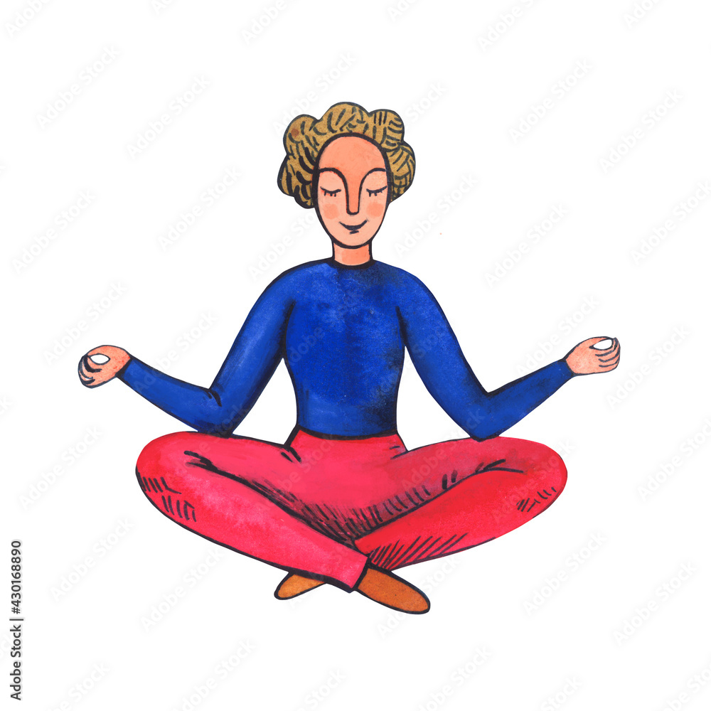 Yoga Lotus position - a young woman making yoga or meditating. Isolated element on white background. Watercolor illustration. Yoga Lotus position - a young woman making yoga or meditating. Isolated element on white background. Watercolor illustration.