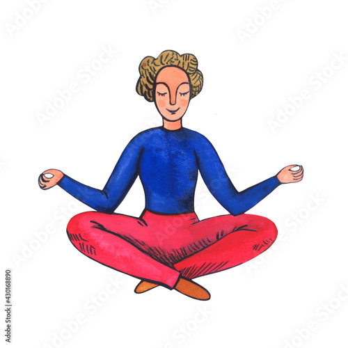 Yoga Lotus position - a young woman making yoga or meditating. Isolated element on white background. Watercolor illustration.