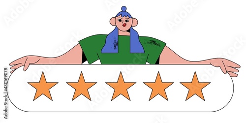 Woman hold stars or give five star feedback. Client choose satisfaction rating and leave positive product or service review. Consumer, customer or user experience concept with trendy female character.